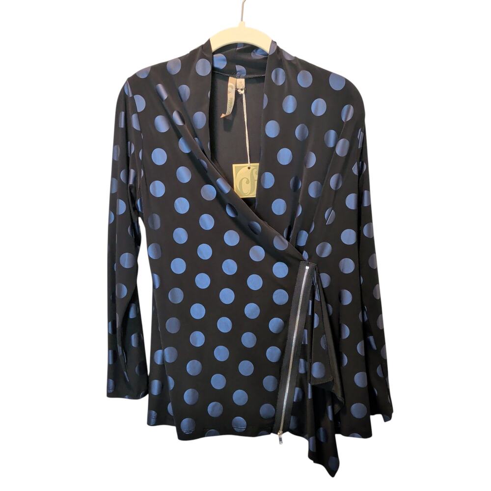 NWT Comfy USA Black Stretch Knit Blue Metallic Polka Dot Shirt Assymetrical